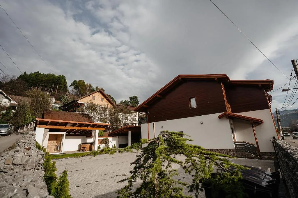 Casa Mecva Borșa — vedere exterior cabană și Munții Rodnei în ceața dimineții